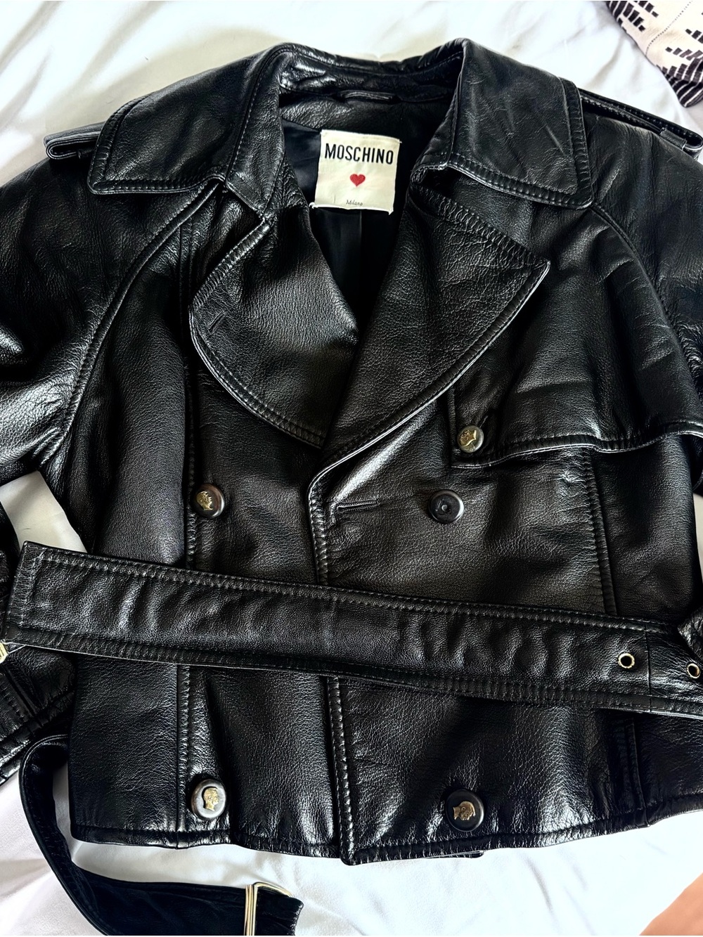 90s Vintage Moschino Black Leather Double-Breasted Belted Jacket